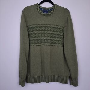 Lands End Men's Drifter Cotton Crewneck Cable Knit Sweater Olive Green Large